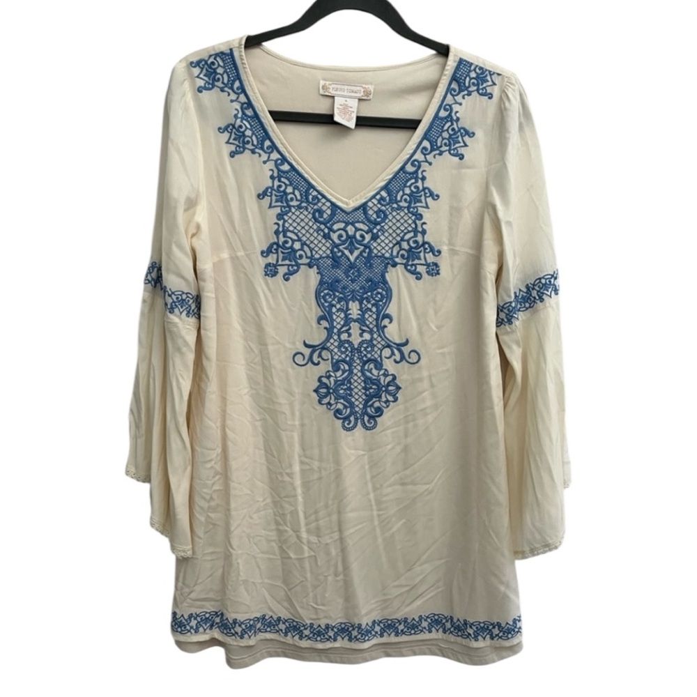 Flying Tomato Embroidered Bell Sleeve Bohemian Ivory Blue Dress Festival Small